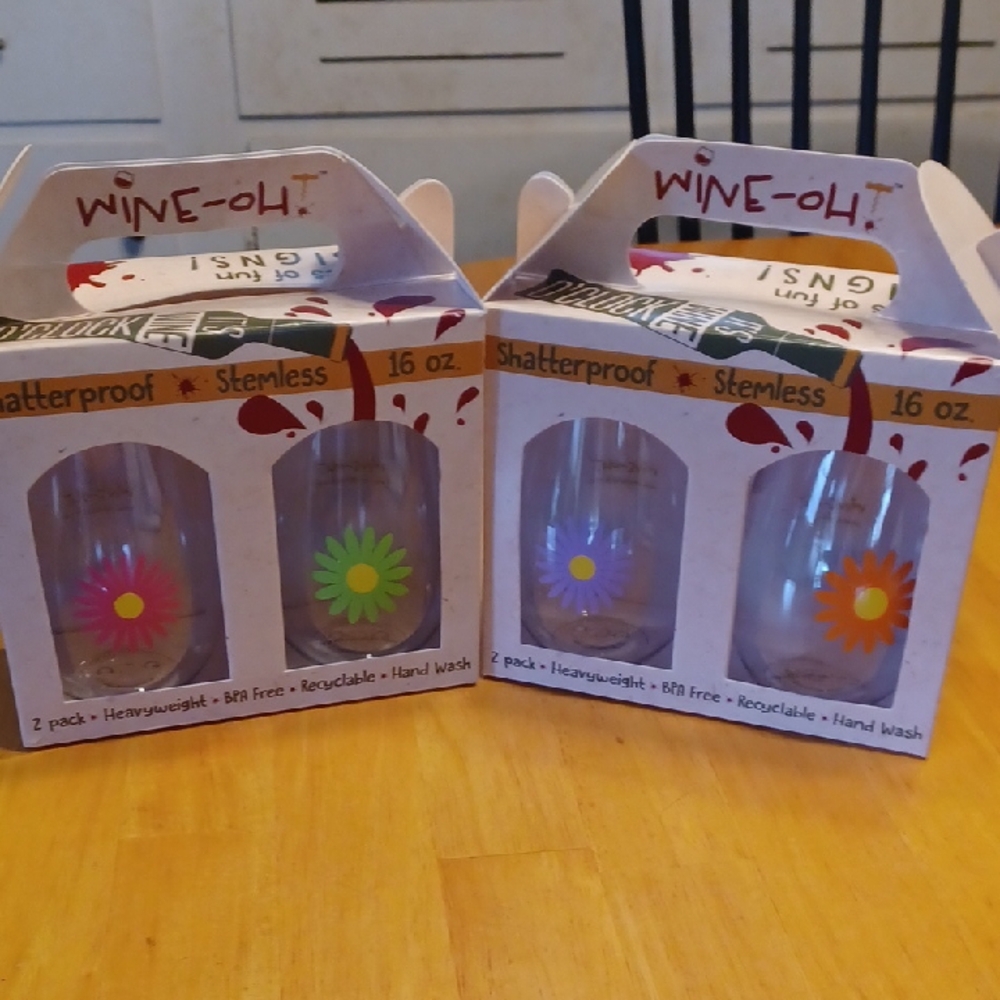 Wine-Oh! Shatterproof Stemless Glasses with Colorful Daisy Design - Set of 4 NIB